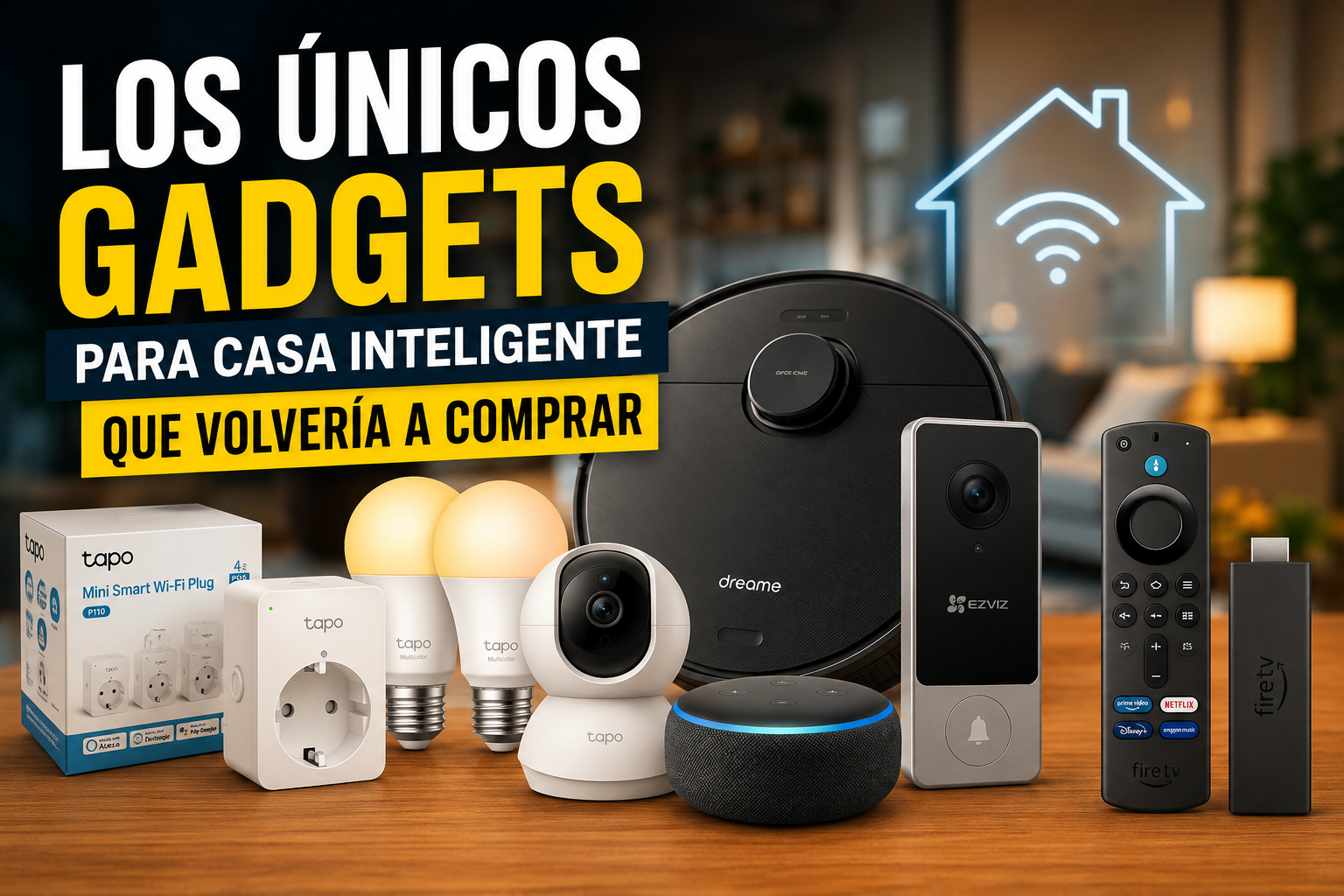 Selección de gadgets para casa inteligente mostrando Alexa, enchufes inteligentes, bombillas inteligentes, cámaras de seguridad, robot aspirador y Fire TV Stick para automatizar el hogar.