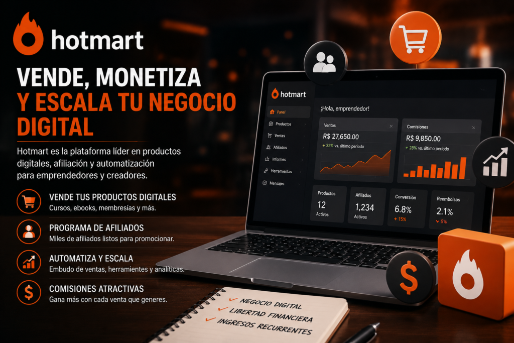 Interfaz de Hotmart mostrando opciones para vender cursos, afiliación, infoproductos y herramientas enfocadas en negocio digital y monetización online.