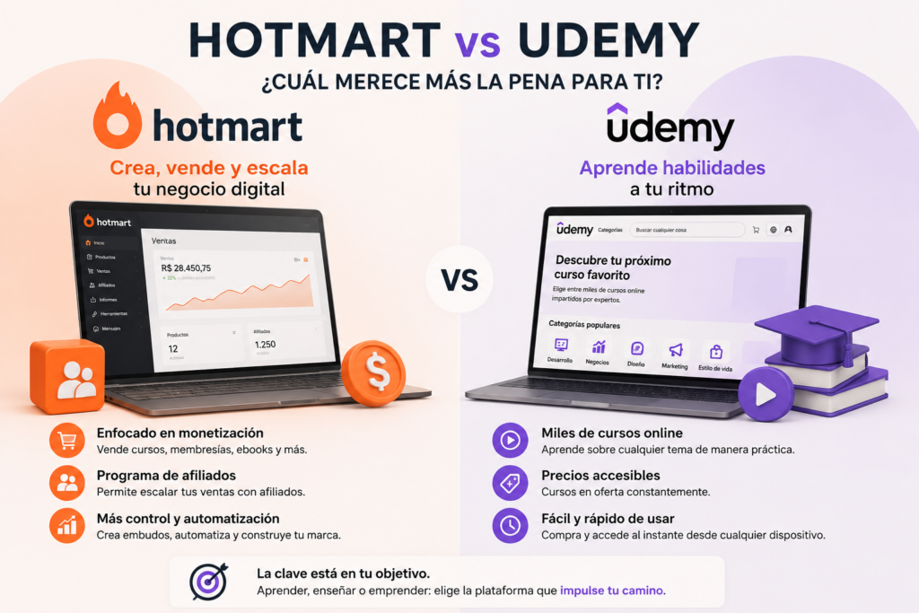 Comparativa visual entre Hotmart y Udemy mostrando diferencias en monetización, afiliación, cursos online, formación digital y negocio online.