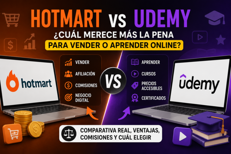 Comparativa visual entre Hotmart y Udemy mostrando diferencias en venta de cursos, afiliación, formación online, comisiones y aprendizaje digital.
