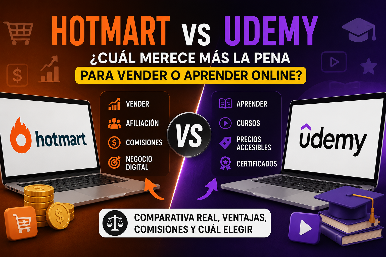 Comparativa visual entre Hotmart y Udemy mostrando diferencias en venta de cursos, afiliación, formación online, comisiones y aprendizaje digital.