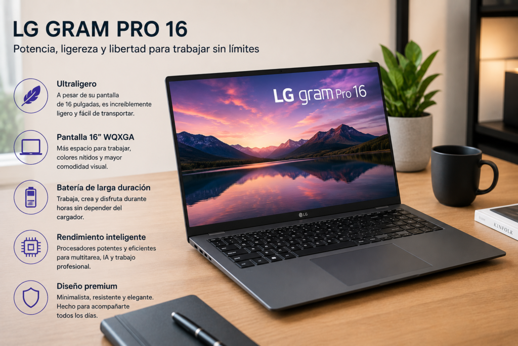 LG Gram Pro 16 sobre escritorio profesional mostrando pantalla de 16 pulgadas, diseño ultraligero y enfoque en productividad, trabajo online y multitarea avanzada.