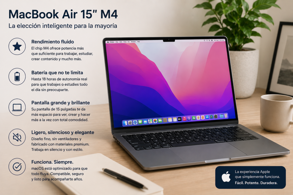 MacBook Air 15 pulgadas con chip M4 sobre escritorio moderno mostrando diseño premium, gran autonomía y enfoque en productividad, trabajo online y movilidad diaria.