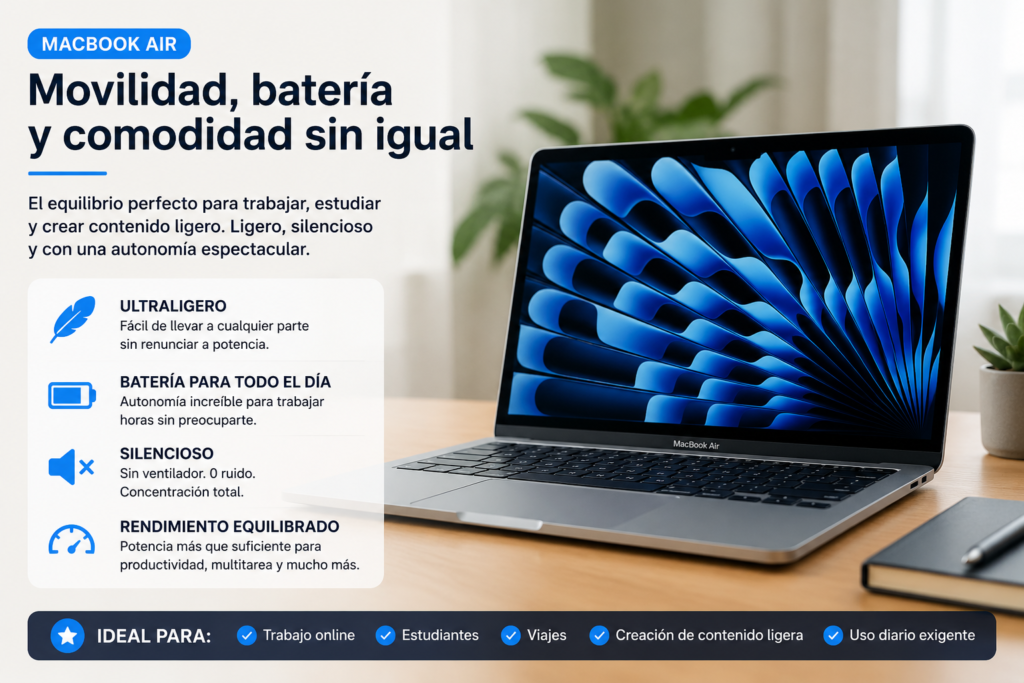 MacBook Air sobre escritorio mostrando diseño ligero, batería de larga duración y enfoque en productividad, trabajo online y movilidad diaria.