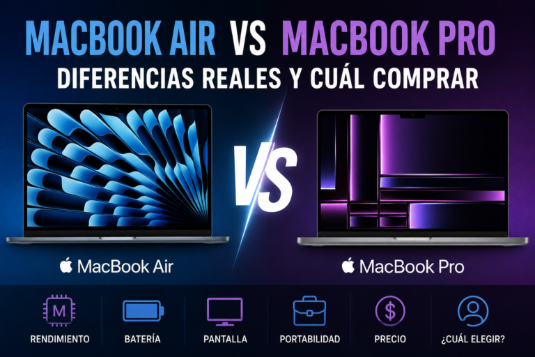 Comparativa entre MacBook Air y MacBook Pro mostrando diferencias en potencia, batería, diseño, rendimiento y cuál merece más la pena según el tipo de uso.