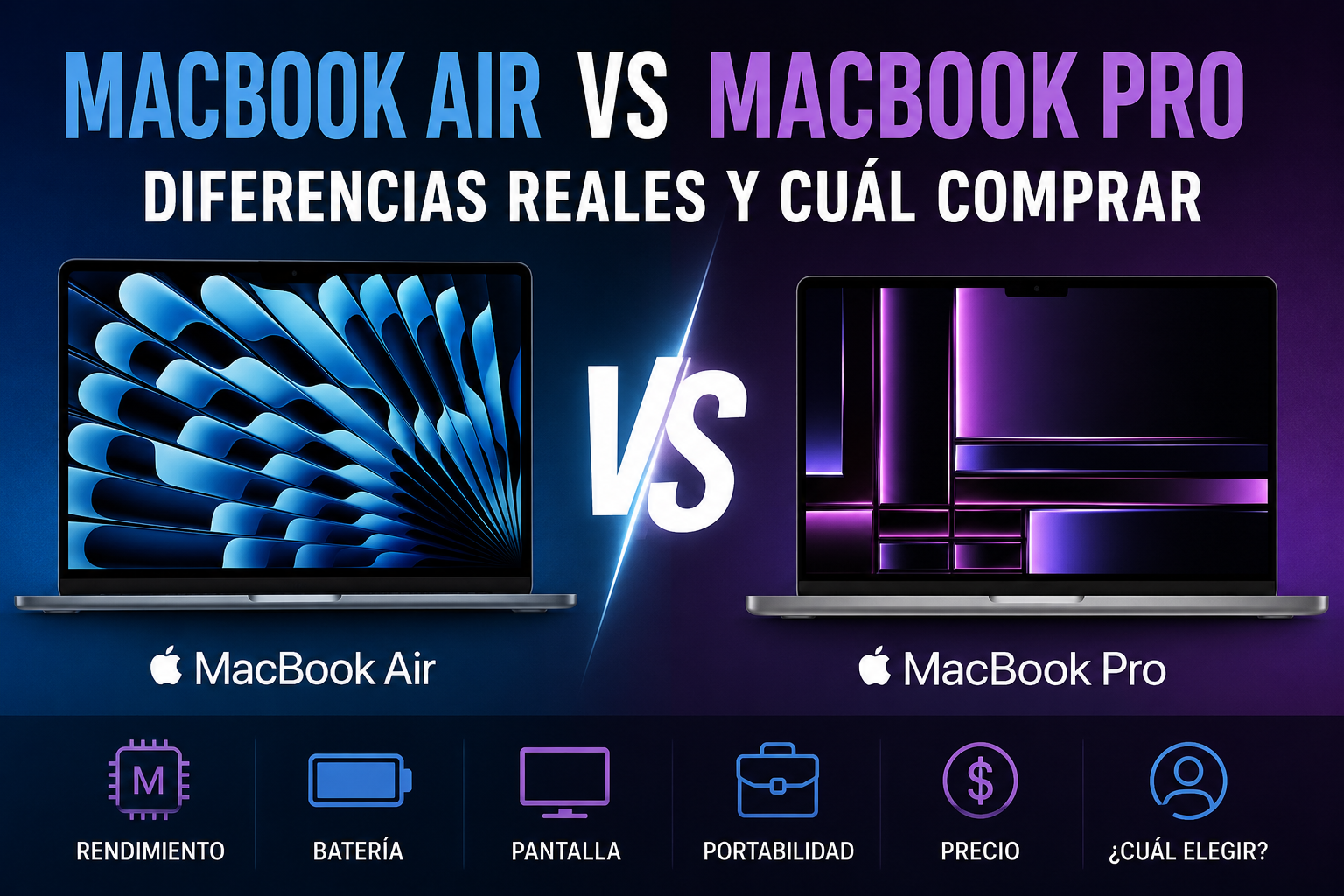 Comparativa entre MacBook Air y MacBook Pro mostrando diferencias en potencia, batería, diseño, rendimiento y cuál merece más la pena según el tipo de uso.
