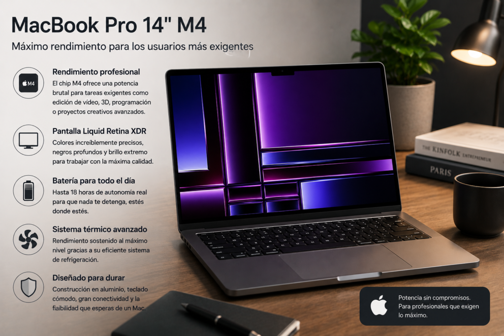 MacBook Pro 14 pulgadas con chip M4 sobre escritorio profesional mostrando alto rendimiento, pantalla de calidad premium y enfoque en edición, programación y trabajo creativo avanzado.