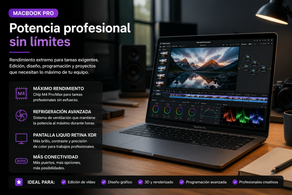 MacBook Pro sobre escritorio profesional mostrando potencia, edición avanzada, rendimiento sostenido y enfoque en trabajo creativo y tareas exigentes.