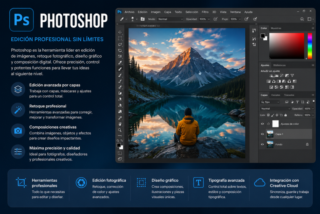 Interfaz de Photoshop mostrando herramientas de edición avanzada, retoque fotográfico y opciones de diseño gráfico profesional.
