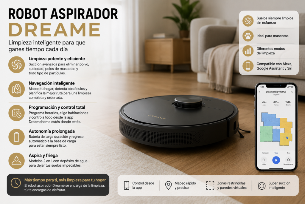Robot aspirador Dreame limpiando automáticamente una vivienda moderna con navegación inteligente, control desde aplicación móvil y automatización de tareas de limpieza en el hogar.