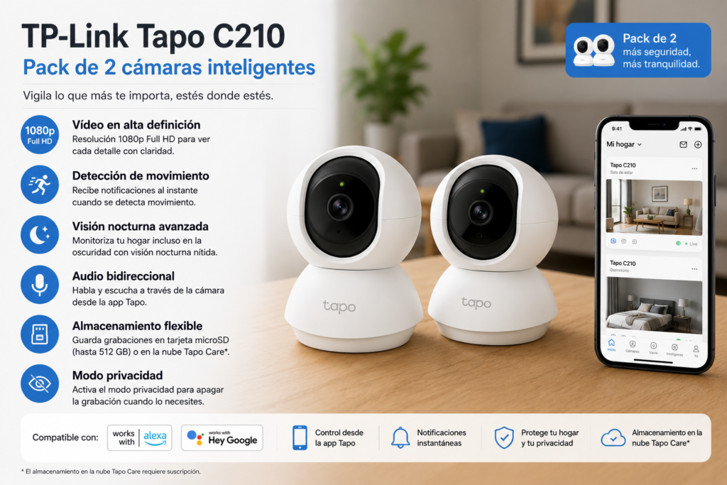 Pack de cámaras inteligentes TP-Link Tapo C210 para vigilancia del hogar con detección de movimiento, visión nocturna, control desde aplicación móvil y monitorización remota en tiempo real.