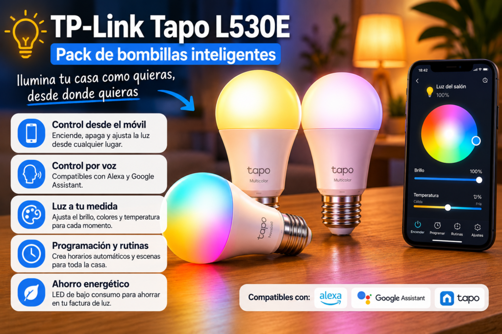 Pack de bombillas inteligentes TP-Link Tapo L530E mostrando control por voz con Alexa, cambio de colores, automatización de iluminación y gestión desde aplicación móvil para casa inteligente.