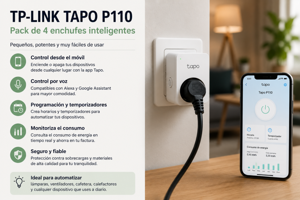 Pack de 4 enchufes inteligentes TP-Link Tapo P110 mostrando automatización del hogar, control remoto desde el móvil, monitorización de consumo eléctrico y compatibilidad con Alexa.