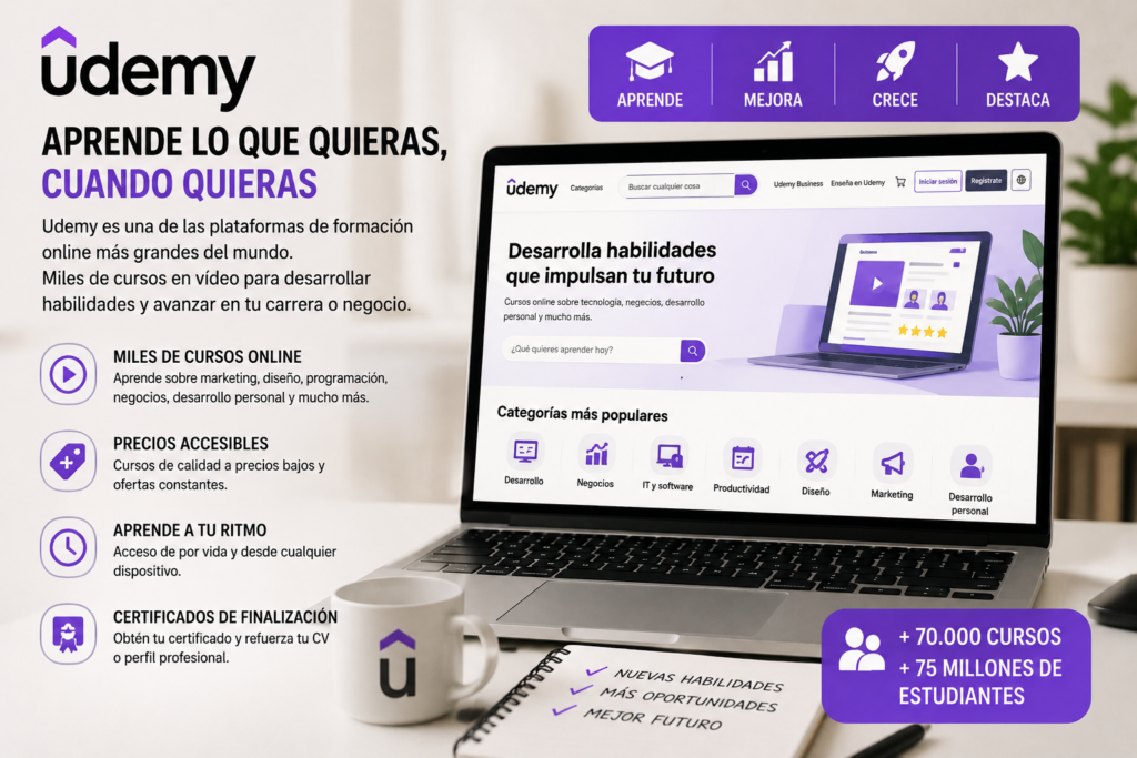 Interfaz de Udemy mostrando cursos online, formación digital y opciones para aprender habilidades prácticas en negocio, diseño, tecnología y productividad.