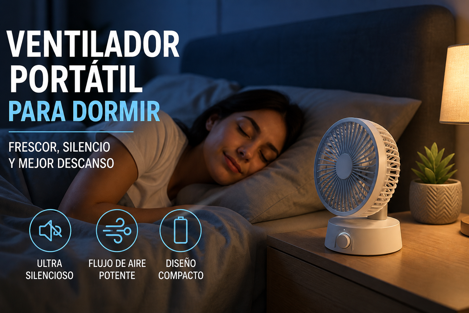 ventilador portátil silencioso para dormir sin calor en mesilla de noche