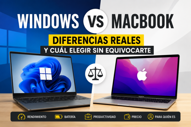 Comparativa entre Windows y MacBook mostrando diferencias en rendimiento, batería, productividad, precio y qué opción elegir según el tipo de usuario.