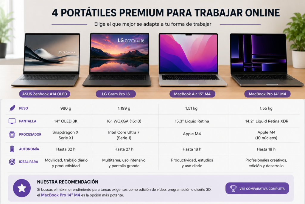 Comparativa entre portátil Windows y MacBook en un entorno de trabajo moderno mostrando productividad, multitarea, movilidad y uso profesional diario.