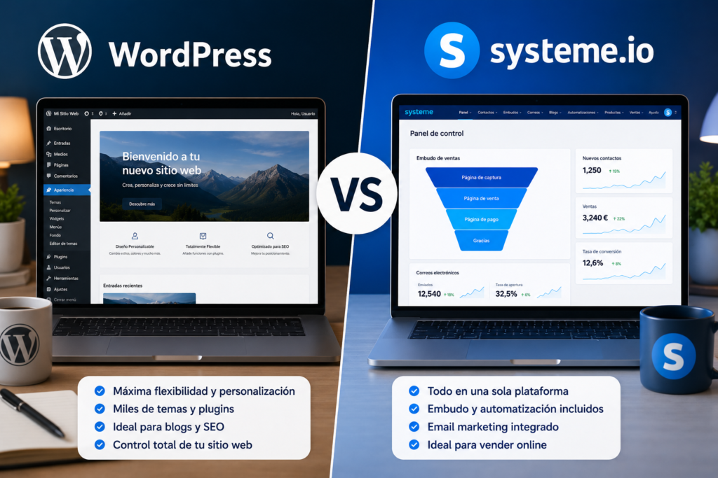 comparativa entre WordPress y Systeme.io mostrando interfaz de ambas plataformas