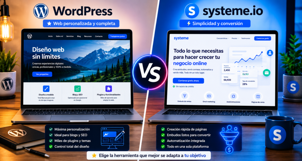 comparativa entre WordPress y Systeme.io en diseño web y personalización