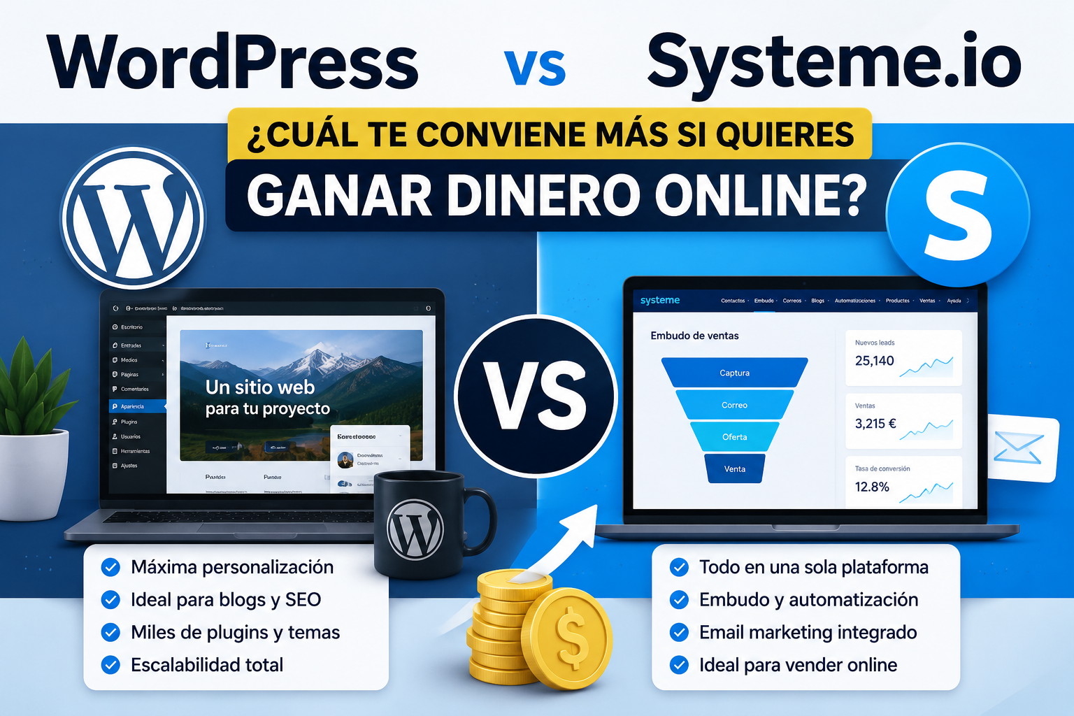 comparativa entre WordPress y Systeme.io para crear un negocio digital, vender online y generar ingresos por internet