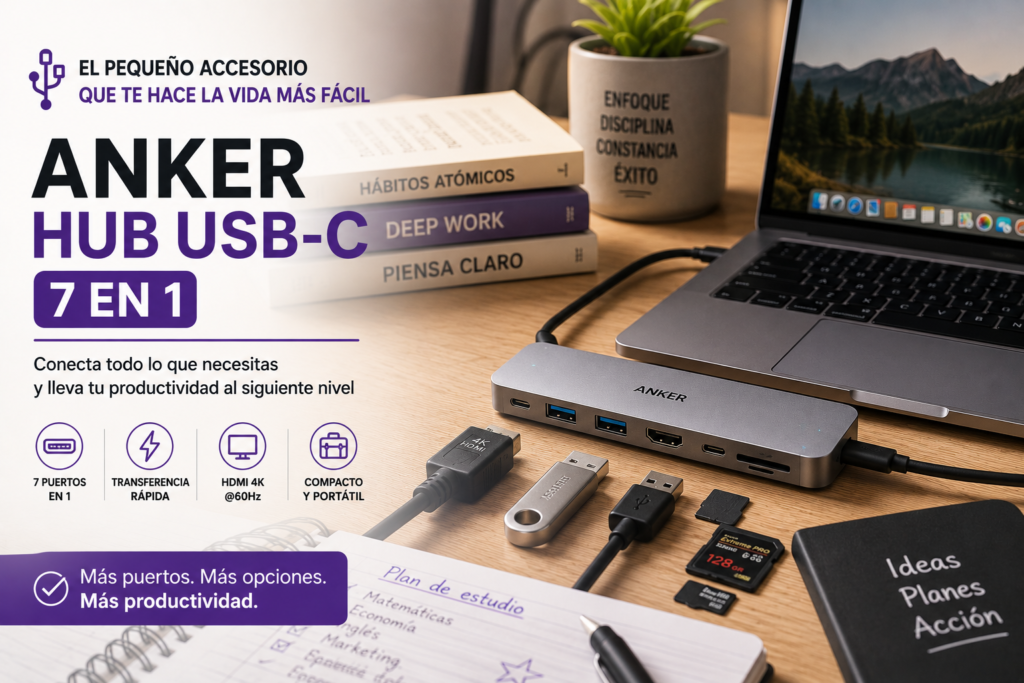 Hub USB-C Anker 7 en 1 conectado a un portátil, ideal para estudiantes que necesitan más puertos, HDMI, USB y lector de tarjetas para mejorar su productividad.