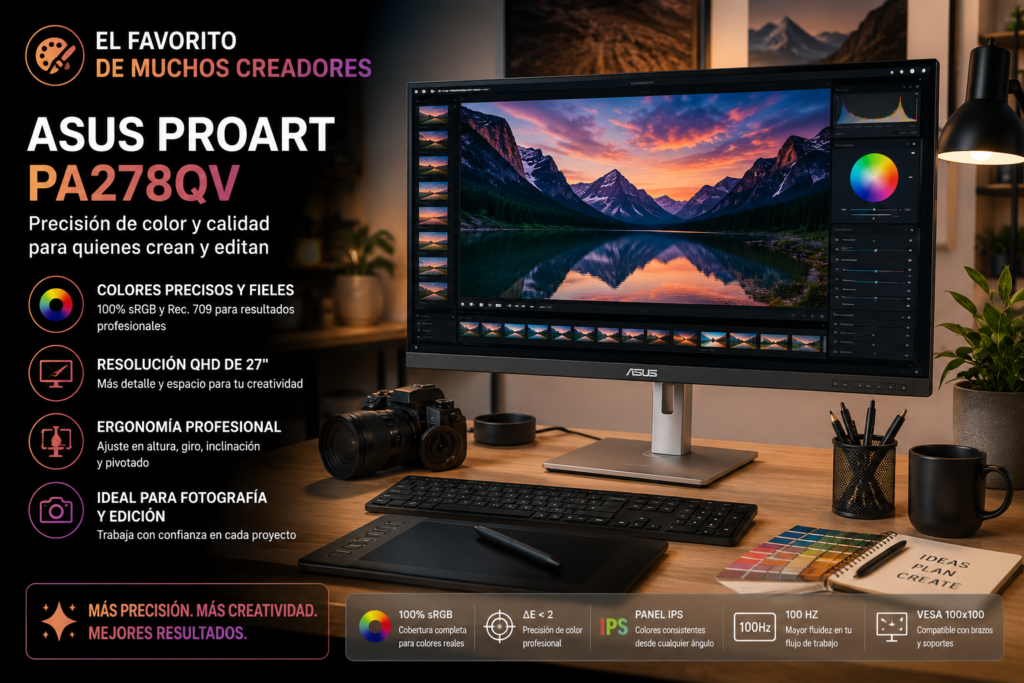 Monitor ASUS ProArt PA278QV de 27 pulgadas recomendado para diseño gráfico, edición de fotografía y creación de contenido.