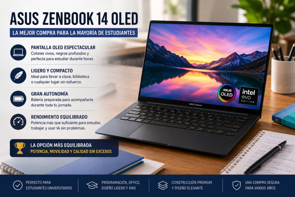 ASUS Zenbook 14 OLED recomendado para estudiantes por su pantalla OLED, diseño ligero, gran autonomía y rendimiento equilibrado para clases, trabajos universitarios, programación y productividad diaria.