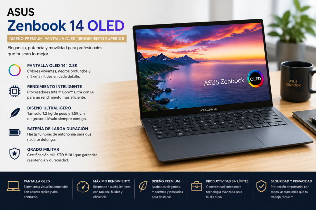 ASUS Zenbook 14 OLED, portátil premium recomendado para empresas por su diseño ligero, pantalla OLED y excelente rendimiento para productividad.