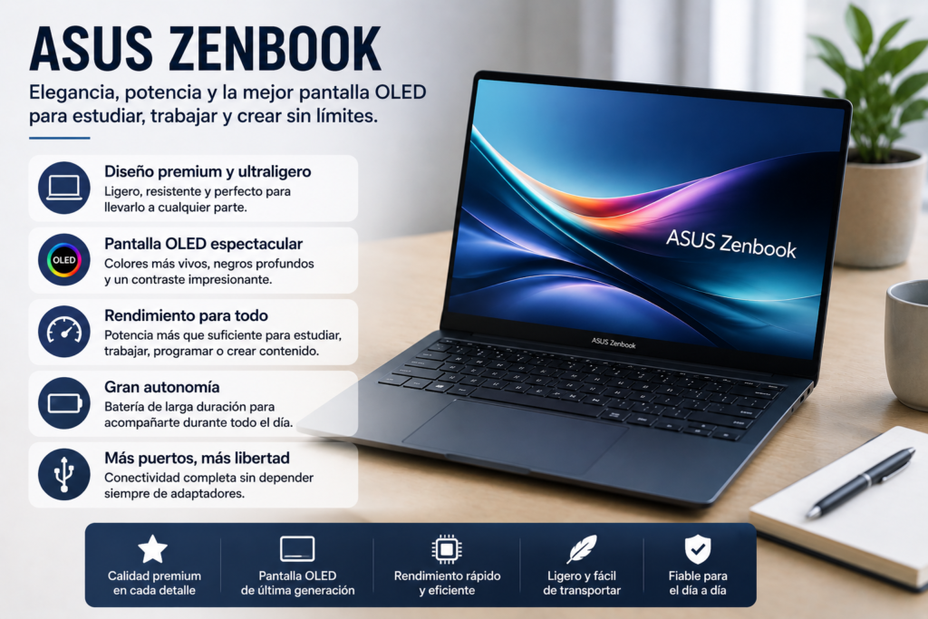 ASUS Zenbook 14 OLED destacado en una comparativa frente al MacBook Air por su excelente relación calidad-precio, pantalla OLED, compatibilidad con Windows y rendimiento ideal para estudiar, trabajar y crear contenido.