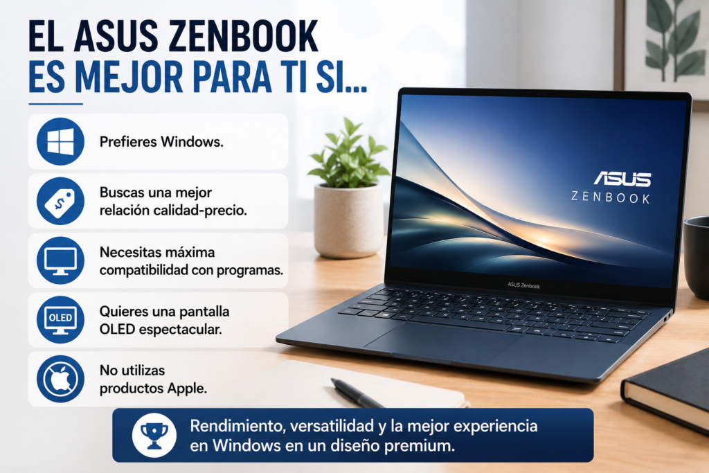 ASUS Zenbook 14 OLED recomendado para usuarios que buscan Windows, una excelente relación calidad-precio, pantalla OLED de alta calidad, máxima compatibilidad con programas y un portátil versátil para estudiar o trabajar.