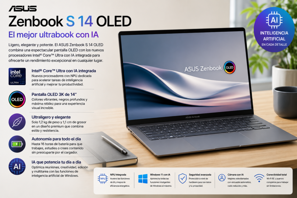 ASUS Zenbook S 14 OLED con procesador Intel Core Ultra, pantalla OLED de alta resolución e inteligencia artificial integrada, recomendado como uno de los mejores ultrabooks con IA.