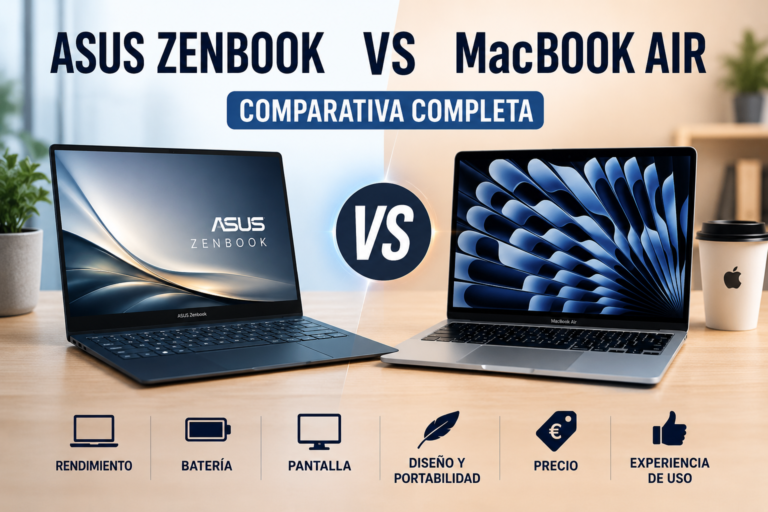 Comparativa entre ASUS Zenbook 14 OLED y MacBook Air M5 analizando diseño, pantalla, batería, rendimiento, portabilidad y relación calidad-precio para estudiar, trabajar y crear contenido.