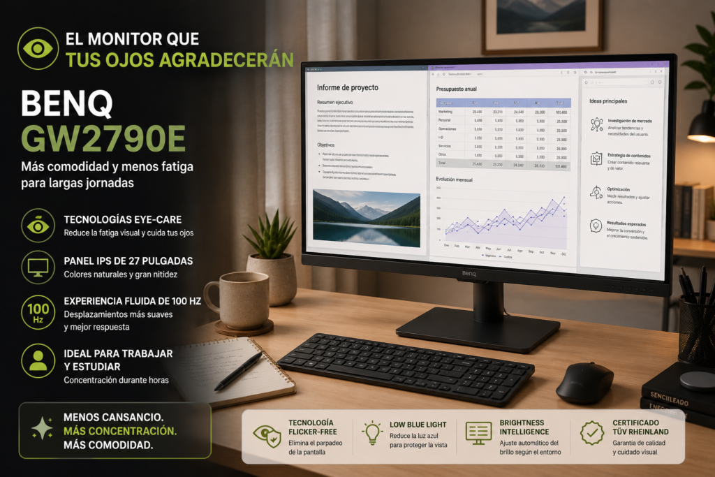 Monitor BenQ GW2790E de 27 pulgadas recomendado para trabajar muchas horas con mayor comodidad y menor fatiga visual.