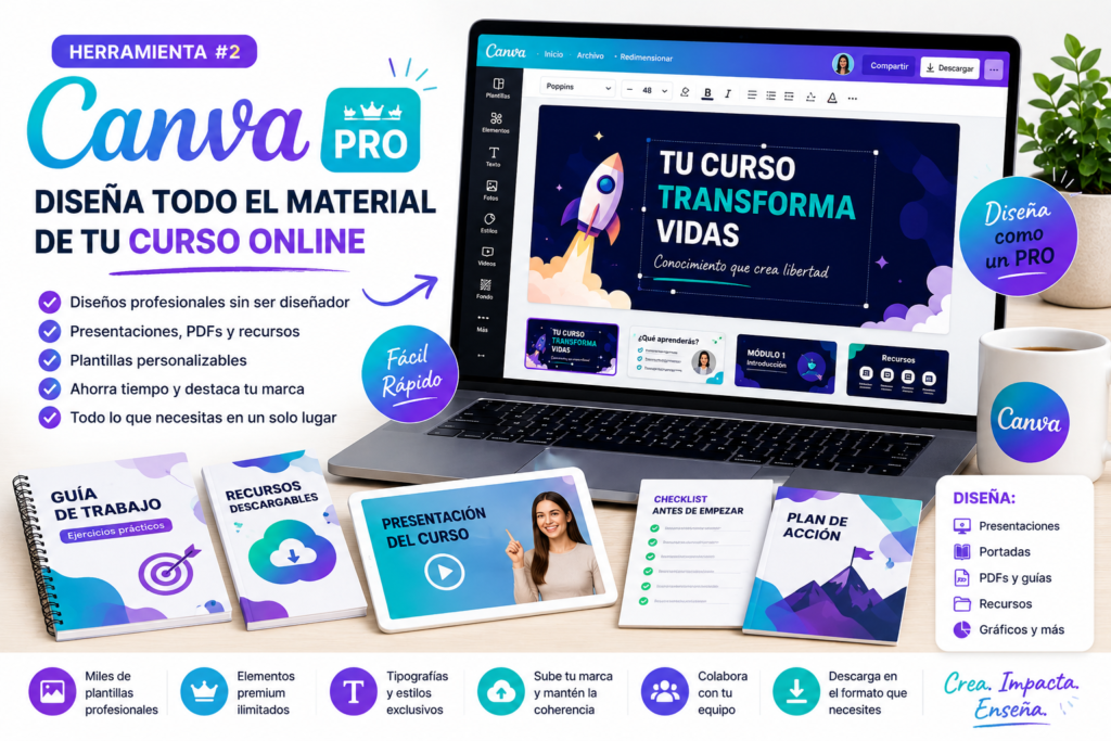 Canva Pro utilizado para diseñar presentaciones, portadas, recursos descargables y materiales visuales profesionales para cursos online sin necesidad de conocimientos avanzados de diseño.