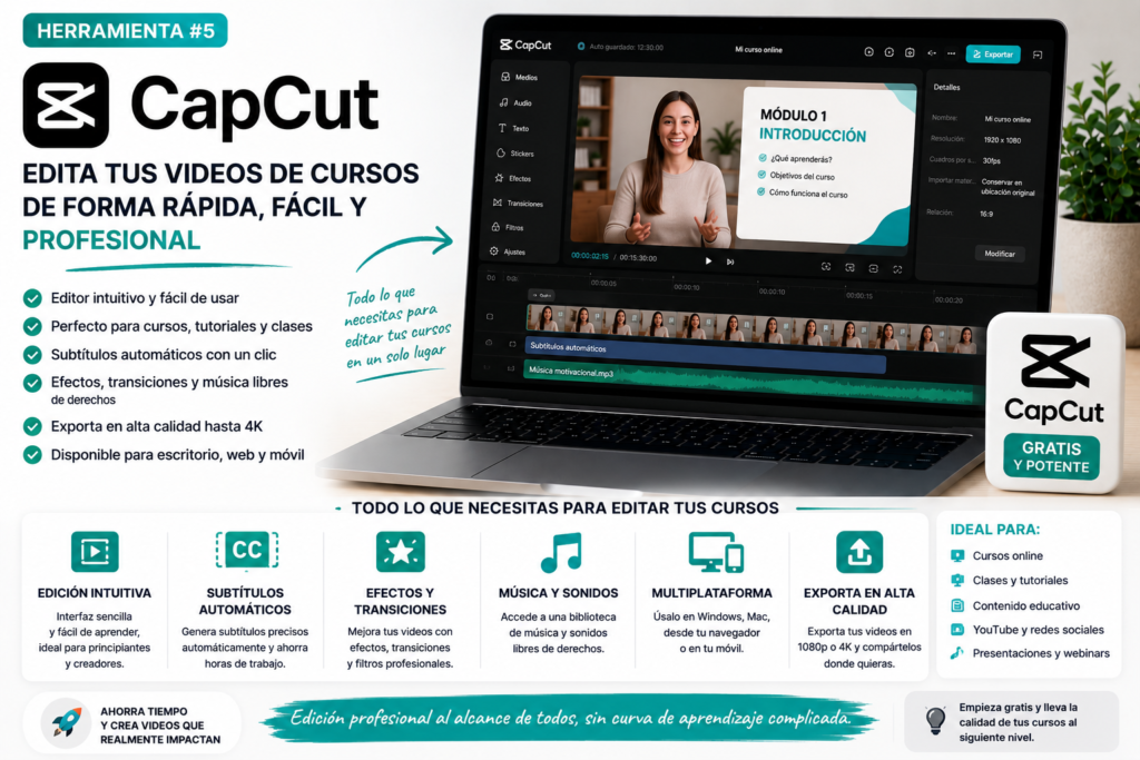 CapCut utilizado para editar vídeos de cursos online con subtítulos automáticos, efectos, transiciones y exportación en alta calidad, ideal para creadores de contenido y formaciones digitales.