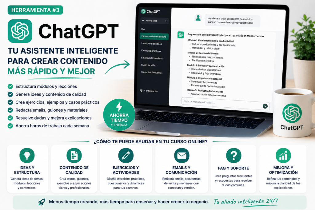ChatGPT utilizado para crear guiones, estructurar módulos, generar ejercicios y desarrollar contenidos para cursos online de forma más rápida y eficiente mediante inteligencia artificial.