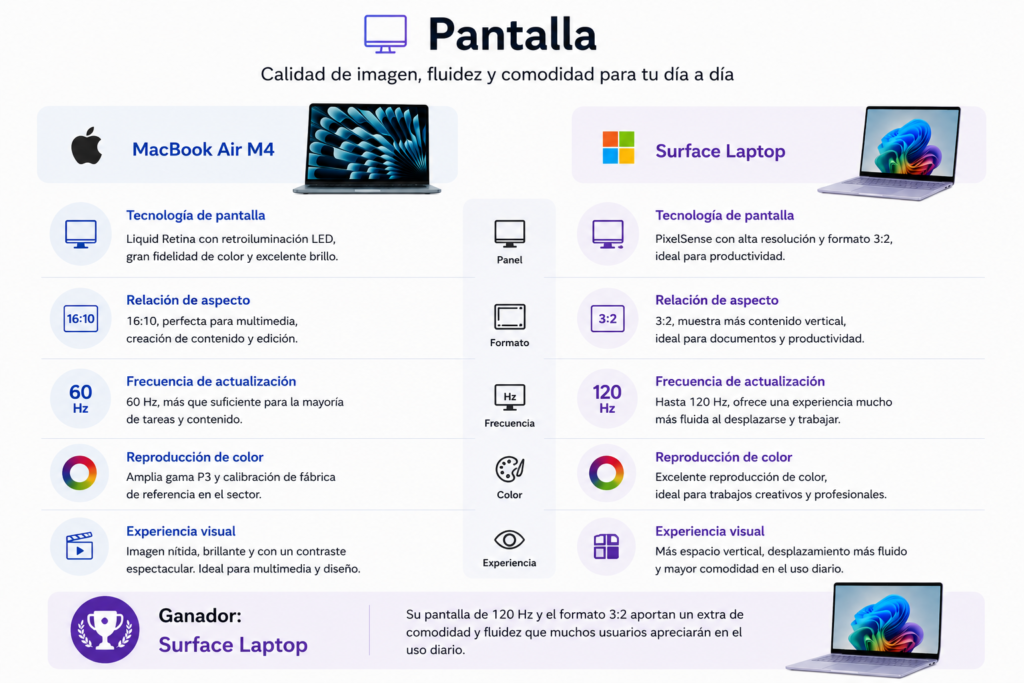 Comparativa entre la pantalla Liquid Retina del MacBook Air M4 y la pantalla PixelSense de 120 Hz del Microsoft Surface Laptop, analizando calidad de imagen, fluidez y productividad.