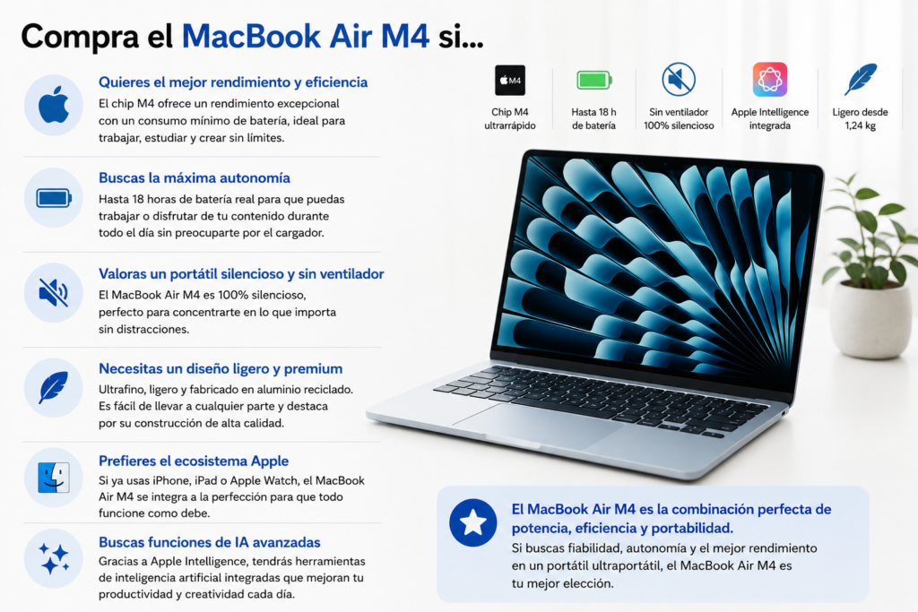 MacBook Air M4 con chip Apple M4, diseño ultraligero, batería de larga duración y Apple Intelligence, ideal para trabajar, estudiar y crear contenido.