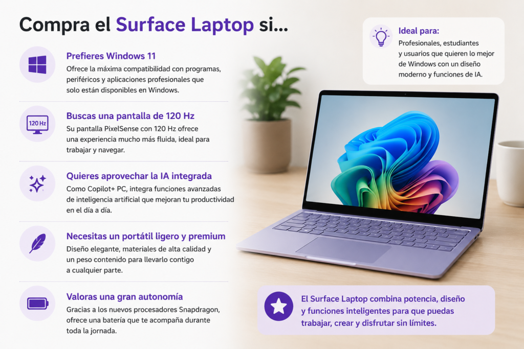Microsoft Surface Laptop con procesador Snapdragon X Plus, pantalla táctil de 13,8 pulgadas y funciones Copilot+ PC, recomendado para trabajar, estudiar y disfrutar de Windows 11.