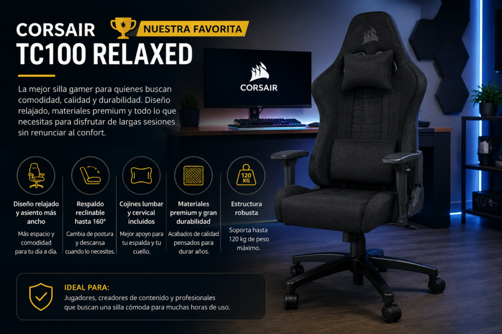 Corsair TC100 Relaxed, silla gamer con asiento amplio, respaldo reclinable, cojines lumbar y cervical de espuma viscoelástica y diseño ergonómico para jugar o trabajar durante largas horas.