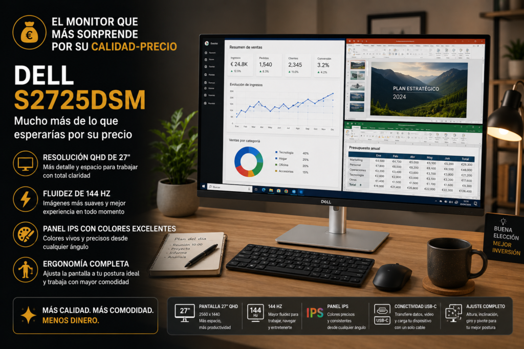 Monitor Dell S2725DSM de 27 pulgadas recomendado por su excelente relación calidad-precio para trabajar desde casa y mejorar la productividad.