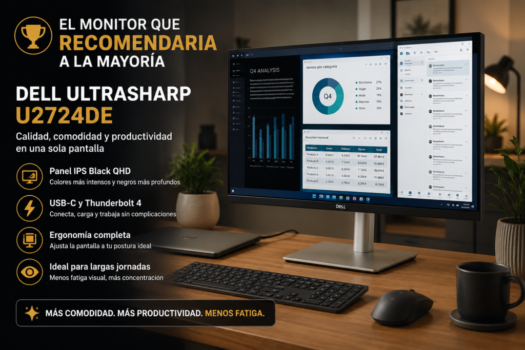 Monitor Dell UltraSharp U2724DE de 27 pulgadas recomendado para trabajar desde casa con mayor comodidad, productividad y calidad de imagen.