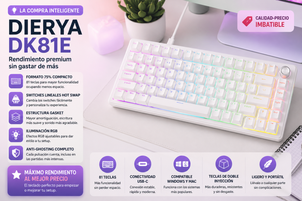 Teclado mecánico Dierya DK81E con formato 75%, iluminación RGB y excelente relación calidad-precio para quienes buscan una opción económica.