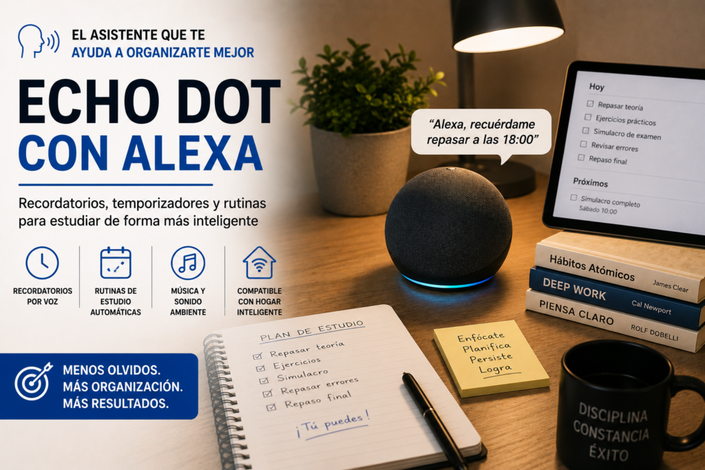 Echo Dot con Alexa sobre un escritorio de estudio ayudando a organizar tareas, recordatorios y sesiones de trabajo para estudiantes y opositores.