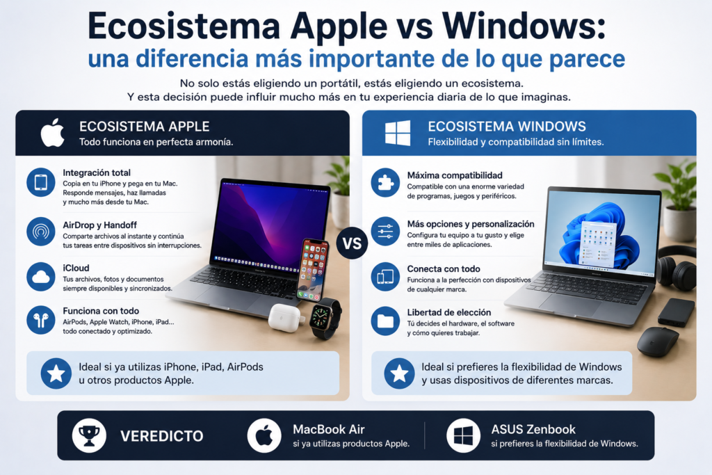 Comparativa entre el ecosistema Apple y Windows mostrando las diferencias en integración entre dispositivos, compatibilidad de programas, productividad, sincronización y experiencia de uso para estudiar y trabajar.