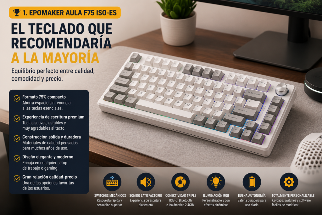 Teclado mecánico EPOMAKER Aula F75 ISO-ES recomendado por su excelente calidad-precio, comodidad de escritura y diseño compacto.