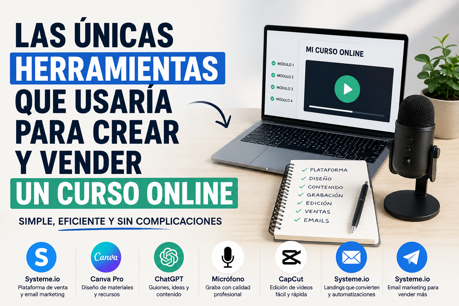 Herramientas esenciales para crear y vender un curso online mostrando plataforma de ventas, diseño de contenidos, inteligencia artificial, grabación de vídeo, email marketing y automatización para infoproductores.