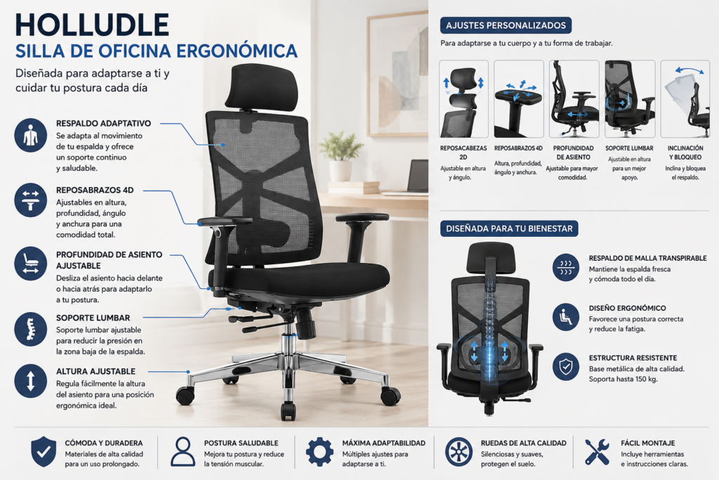 HOLLUDLE silla ergonómica con respaldo adaptativo, soporte lumbar regulable, reposabrazos 4D y diseño de malla transpirable para trabajar con máxima comodidad durante largas jornadas.