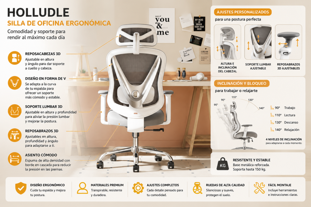 HOLLUDLE silla ergonómica con respaldo de malla transpirable, soporte lumbar ajustable, reposacabezas regulable y diseño ergonómico para trabajar muchas horas con una excelente relación calidad-precio.