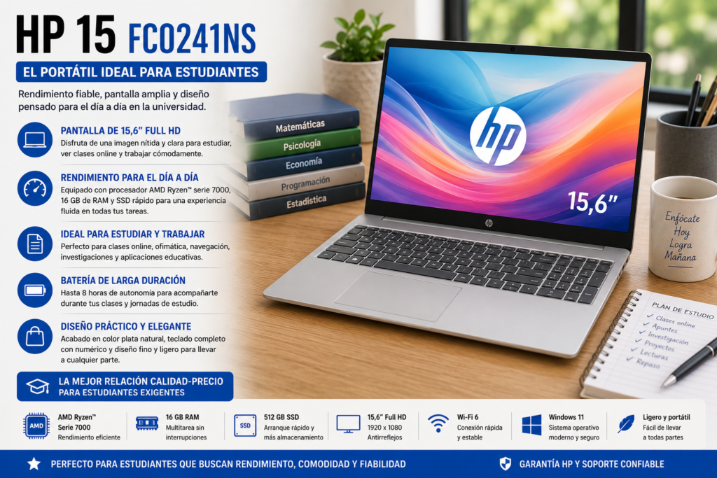 HP 15-fc0241ns recomendado para estudiantes por su excelente relación calidad-precio, pantalla de 15,6 pulgadas, 16 GB de RAM y rendimiento suficiente para clases online, trabajos académicos, navegación y productividad diaria.